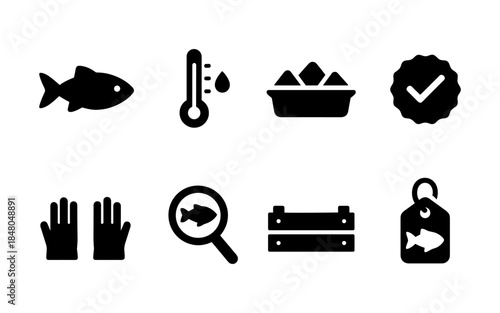 Collection of icons representing fish farming and seafood quality control processes