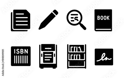 Collection of black icons representing book publishing and library services