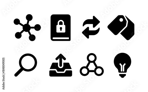 Collection of eight black icons representing various concepts like networking, security, and ideas