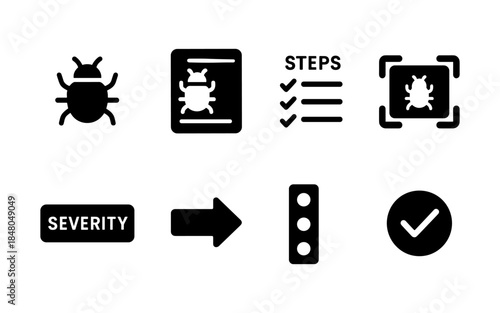 Software bug tracking and resolution process icons for development workflow