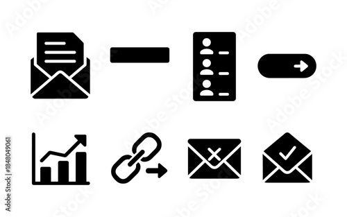 Collection of business and communication icons including email, contacts, and analytics