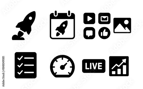 Collection of modern black icons representing business and digital marketing concepts