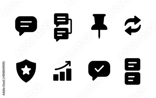 Collection of eight black vector icons representing communication, data, and organization