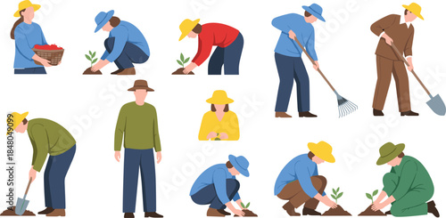 Flat illustration of diverse farmers gardening planting seedlings harvesting vegetables rural agriculture teamwork eco friendly lifestyle vector people set farming community sustainable nature concept