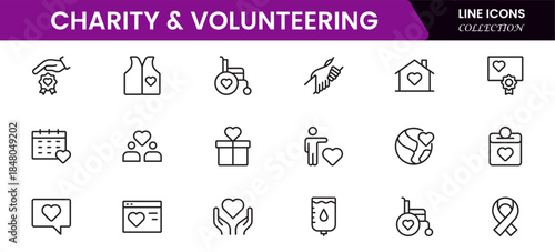 Volunteering and charity web icons in line style. Donate, donor, doctor, care, help, support, collection Vector illustration.