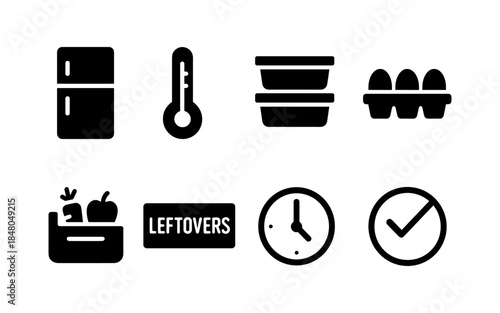 Collection of icons representing food storage, temperature, and time management