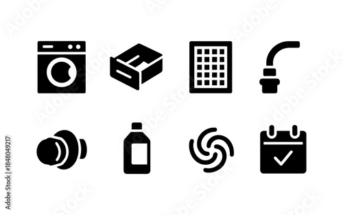 Set of black icons representing laundry and cleaning services and supplies