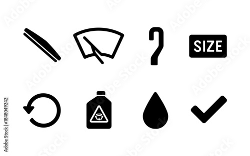 Set of car maintenance icons including windshield wipers, fluid, and checkmark