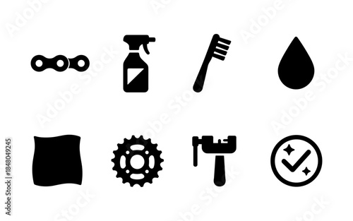 Set of black icons for bicycle maintenance and cleaning tools