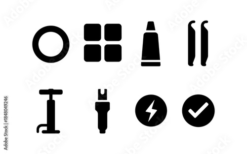 Set of bicycle repair kit icons including patch, glue, pump, and tire levers
