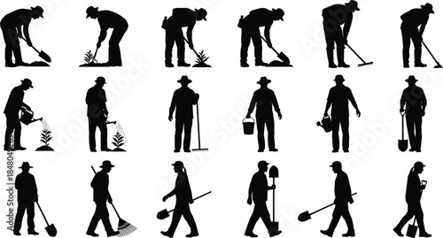 Gardener silhouette collection showing farming, planting, digging, watering, and landscaping activities, black worker icons isolated on white background for agriculture design use stock illustration