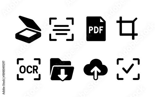Collection of digital document processing and management icons on white background