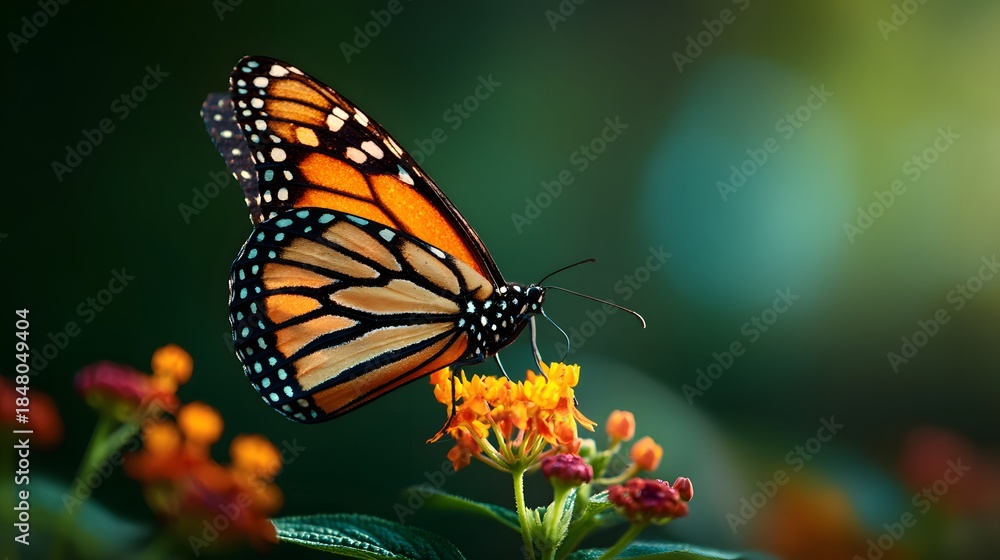 Fototapeta premium Monarch Butterfly on Orange Lantana Flower in Soft Focus Garden.