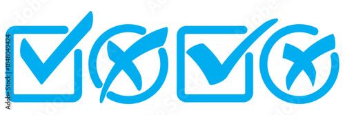 Check mark icon button set. Check box icon with right and wrong buttons and yes or no checkmark icons in green tick box and red cross. Isolated checkmark symbol, right and wrong sign concept. Icon.