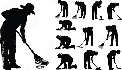 Gardener silhouette set, raking leaves, yard work poses, landscaping labor concept, black worker icons isolated on white background, vector, illustration, collection, outdoor, cleaning, tools