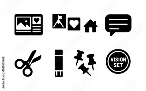 Collection of black icons representing elements for creating a vision board or mood board