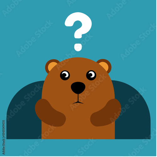 Cute cartoon bear with question mark thinking face expression