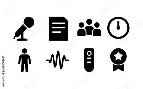 Collection of eight black icons representing speech, documents, people, time, and awards