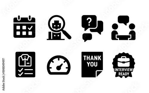 Job interview process icons: scheduling, searching, questions, meeting, resume, speed, thank you, ready