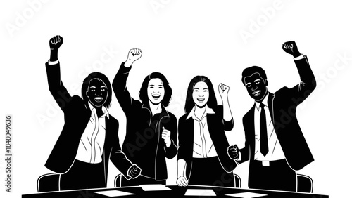 Diverse group of professionals celebrating success with raised fists