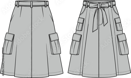 Technical Flat Sketch of a Women's Cargo Midi Skirt Featuring Utility Pockets Belted Waist and Flared Hemline Cad Drawing Flat Vector Illustration