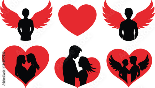 Heartwarming valentine s day illustration of a couple silhouetted within a winged heart white background