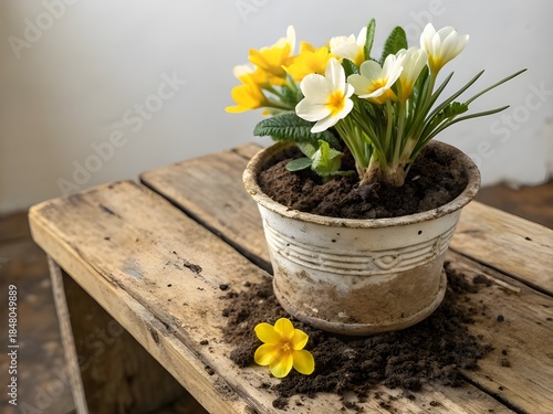 Small pot with yellow and white flowers in mud pot on wooden table.
