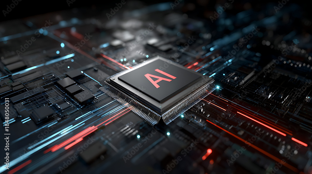 Fototapeta premium Advanced artificial intelligence processor with glowing circuitry AI processor microchip