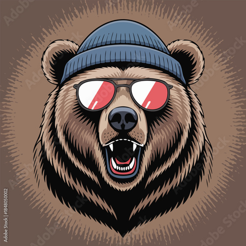 Bear wearing blue knit beanie and red mirrored sunglasses.