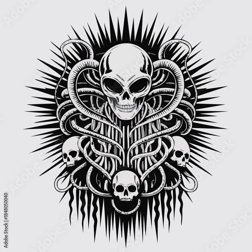 Central Skull with Tentacles and Spikes Tattoo Art.