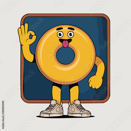 Cheerful donut character with raised hand.