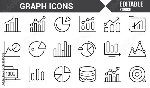 Editable graph and analytics icons in outline vector style