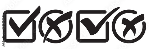 Check mark icon button set. Check box icon with right and wrong buttons and yes or no checkmark icons in green tick box and red cross. Isolated checkmark symbol, right and wrong sign concept. Icon.