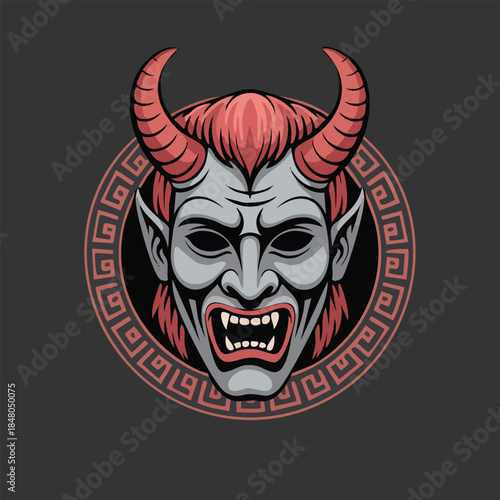 Demon mask head illustration with red horns.