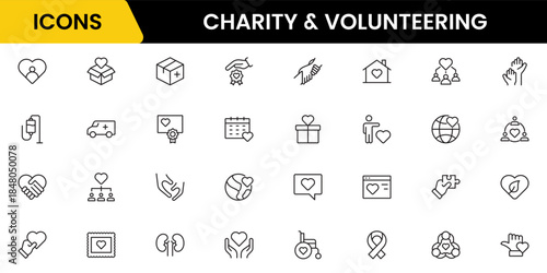 Volunteering and charity web icons in line style. Donate, donor, doctor, care, help, support, collection Vector illustration.