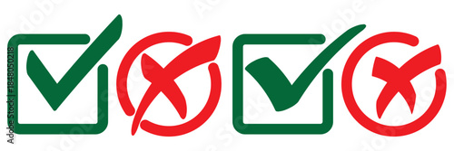 Check mark icon button set. Check box icon with right and wrong buttons and yes or no checkmark icons in green tick box and red cross. Isolated checkmark symbol, right and wrong sign concept. Icon.