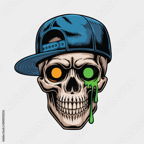 Edgy skull wearing blue cap illustration artwork.