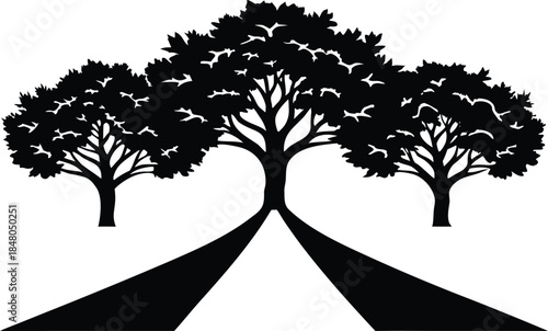 Tree Lined Pathway Silhouette Symmetrical Landscape silhouette Vector Illustration on white background