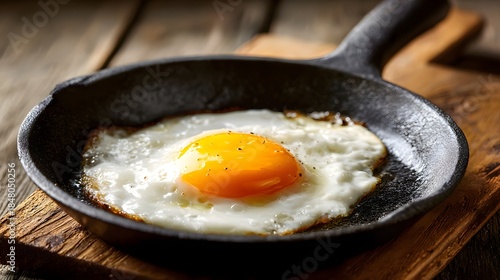 Perfectly Fried Egg Cooking in a Cast Iron Skillet on a Rustic Wooden Surface.