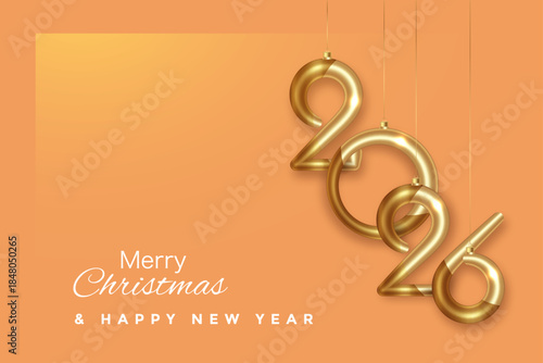 Happy new year 2026 hanging gold numbers. Christmas holiday decoration vertical greeting card design for invitation, calendar, party, golden luxury symbol isolated on orange background