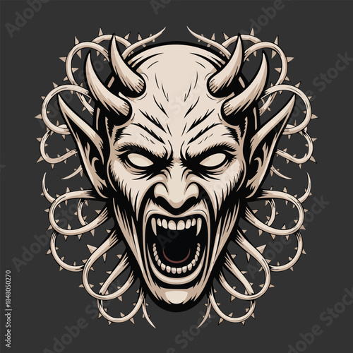 Ferocious demon head illustration with horns and fangs.