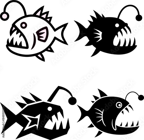 Minimalist angler fish icon set, deep sea fish silhouettes and outline vector collection isolated on white background