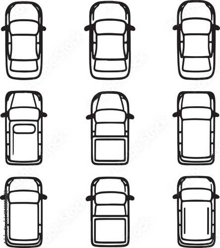 vehicles line art drawing top view icons set sedans, pickup truck, vector Illustration