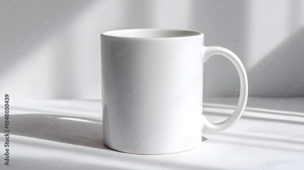 Obraz premium Plain White Ceramic Mug on a White Surface with Shadow Play.