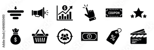Twelve black solid glyph icons for business and marketing, featuring symbols for sales funnel, promotion, financial growth, customer targeting, shopping, and a loyalty program