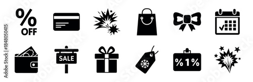 Collection of black glyph icons for shopping and sales, featuring a percent sign, credit card, gift box, wallet, calendar, shopping bag, and firework symbols for promotion