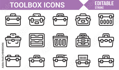 Outline style tool case and storage box icons for professionals