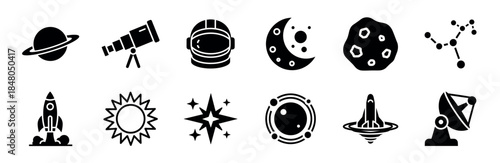 Set of black solid glyph icons for space exploration and astronomy, featuring a planet, rocket, astronaut helmet, telescope, sun, moon, star, and satellite dish in a minimalist style