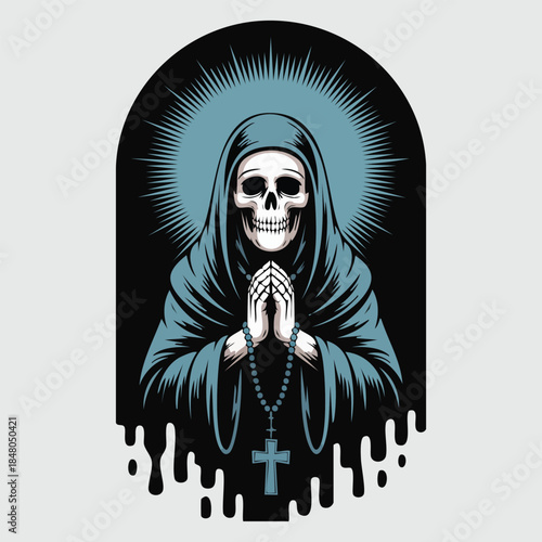 Hooded skeletal figure in prayerful pose with halo.