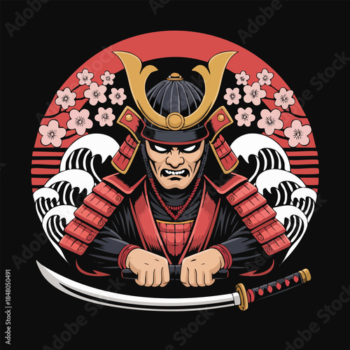 Illustration of a fierce samurai warrior in traditional armor with sword.